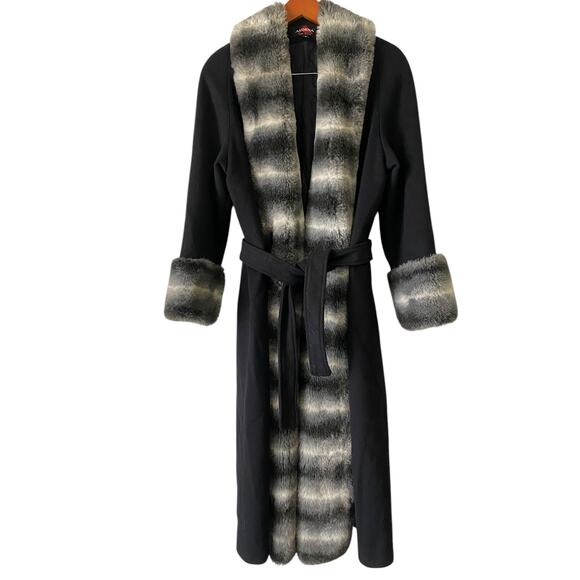 Vintage Penny Lane Long Wool Trench Coat US 6 Black Faux Fur Winter Made in USA - Picture 1 of 12
